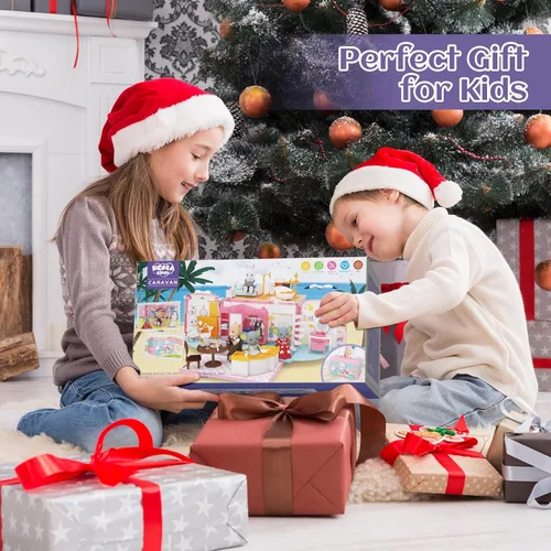 Miniatura 7 de Set de Juego Casa de Muñecas, Kit de Juguetes de Caravana Portátil DIY con Conejitos Muñecas Mini Casa de Campo Familiar para Acampar Juguetes