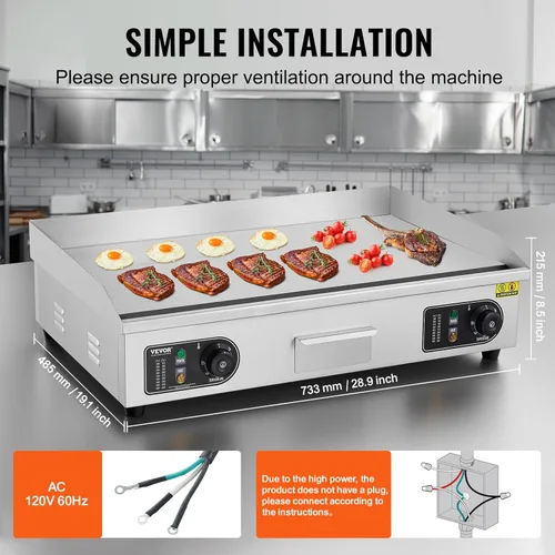 Miniatura 5 de VEVOR Plancha Eléctrica Comercial, Parrilla Plana de Encimera de 2800W, Temperatura Ajustable de 122℉-572℉, Parrilla de Acero Inoxidable de 29