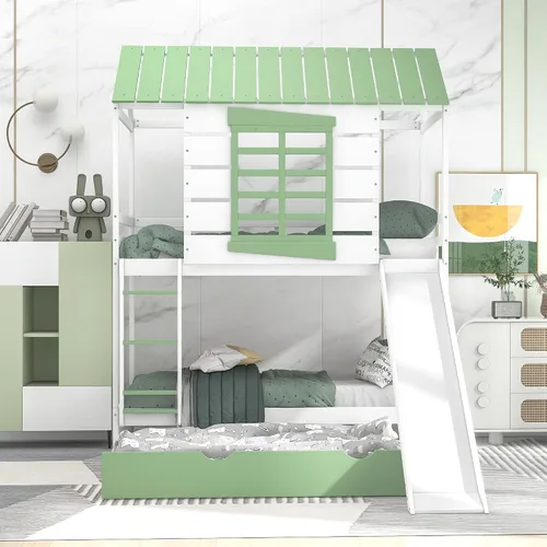 Miniatura 3 de Litera de casa individual sobre cama individual con tobogán convertible y nido, litera de madera maciza con techo y ventana para niños, verde-blanco
