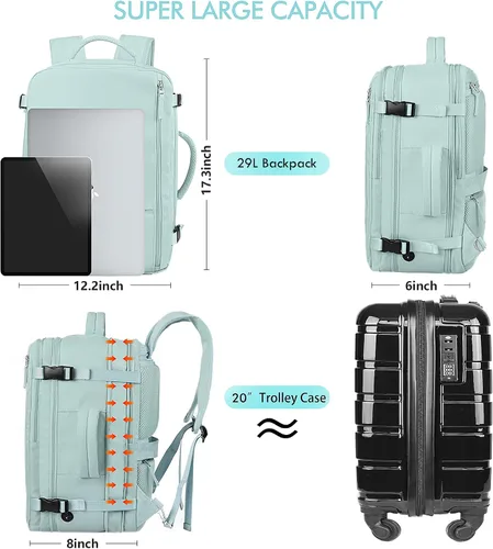 Miniatura 8 de Mochila de Mano Aprobada por Aerolíneas Beraliy para Hombres y Mujeres, Verde menta, X-Grande, Mochilas de viaje