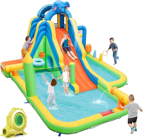 Miniatura 9 de HONEY JOY Tobogán acuático inflable, tobogán acuático de elefante 9 en 1 para patio trasero de niños, piscina de chapoteo, punta de tac, pared