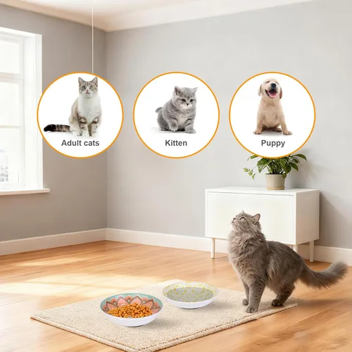 Miniatura 7 de Cuencos de cerámica para gatos, paquete de 6 cuencos coloridos para gatos, platos antideslizantes para gatos, cuencos anchos para mascotas aptos