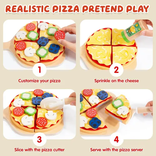 Miniatura 5 de WOODMAM Montessori - Juego de juguetes de pizza, comida realista con caja de horno, juguetes educativos de aprendizaje para niños en edad preescolar