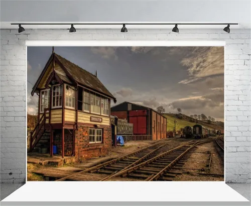 Miniatura 3 de AOFOTO Telón de fondo de pista de tren antiguo de 7 x 5 pies, estilo vintage, estación de tren, fotografía, locomotora, casa de ferrocarril, adulto