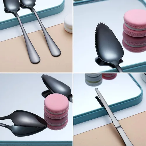 Miniatura 4 de Juego de 3 cucharas de pomelo negro, 2 cucharas de toronja de acero inoxidable y 1 cuchillo de toronja con chapado de titanio, juego de utensilios 2