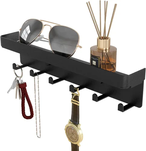 Soporte para llaves de pared, organizador rústico de llaves y correo, 6 ganchos para llaves con estante, pequeño estante para llaves con bandeja,