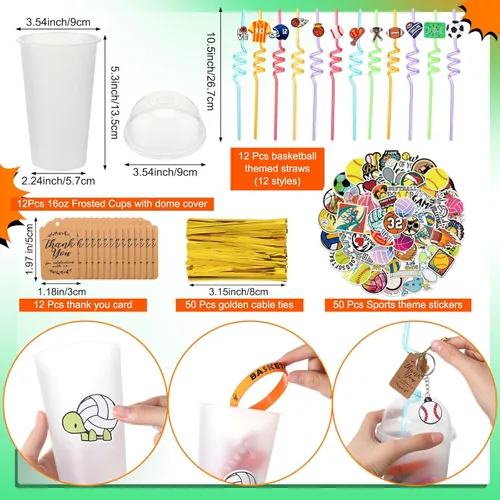 Miniatura 3 de Weysat 184 piezas de artículos para fiestas deportivas, rellenos para bolsas de regalos, taza, pajita, pelota antiestrés, llavero, calcomanía