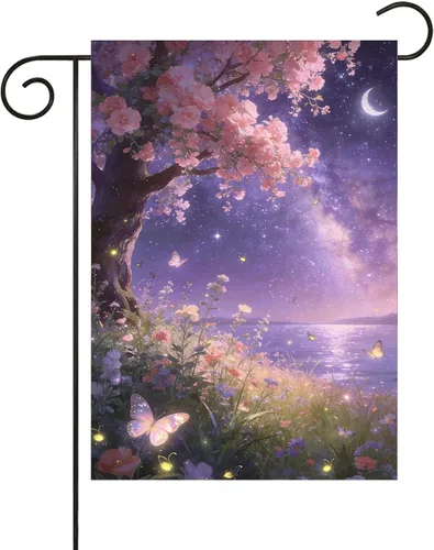 Miniatura 16 de Bandera de jardín de otoño con diseño de cuentos de hadas de fantasía, árbol, puesta de sol, mariposas, hierba, 12 x 18 pulgadas, pequeña, vertical