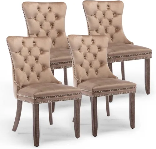 Miniatura 70 de Juego de 4 sillas de comedor de terciopelo, sillas de comedor tapizadas con ribete de cabeza de clavo y patas de madera maciza para cocina