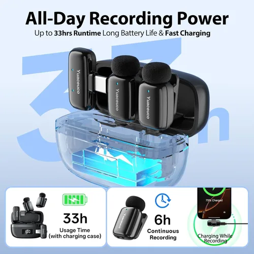 Miniatura 11 de Mini micrófono inalámbrico Lavalier para iPhone, iPad, Android, reducción de ruido y silencio, funda de carga de 33 horas, cambiador de voz AI