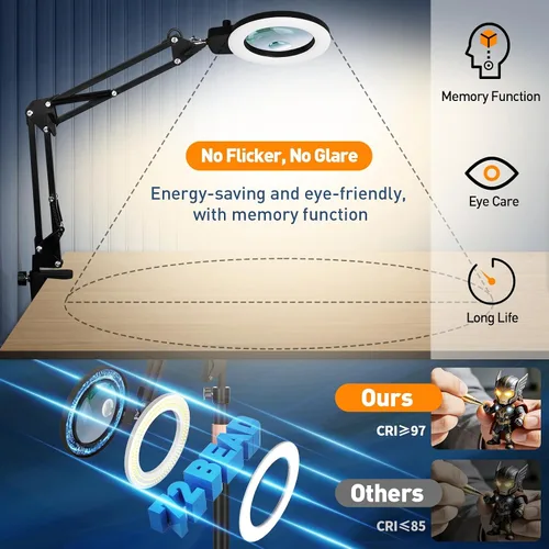 Miniatura 6 de KIRKAS Lámpara de pie con aumento 12X con base para esteticistas de 2,200 lúmenes, lente de cristal iluminada, soporte ajustable y brazo giratorio