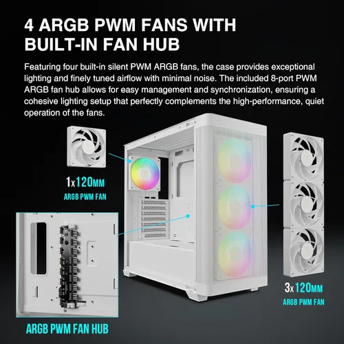 Miniatura 4 de GAMDIAS Caja de Computadora ATX de Torre Media Blanca con Vidrio Templado, Caja para PC de Juegos Soporta Dual 360mm AIO/Radiador, Ventiladores