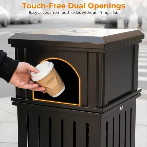 Miniatura 4 de BEAMNOVA Cubo de basura negro para exteriores, bandeja superior de acero inoxidable con tapa de bloqueo, contenedor de basura industrial resistente
