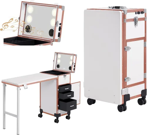 Miniatura 9 de Mesa de manicura portátil rodante con 3 cajones, estuche de maquillaje con cerradura con espejo y organizador de esmalte de uñas, escritorio de uñas