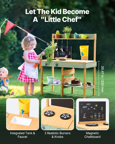 Miniatura 3 de VEVOR Cocina de juego de madera, cocina de barro al aire libre para niños, juego de cocina para niños pequeños, juego de cocina para niños