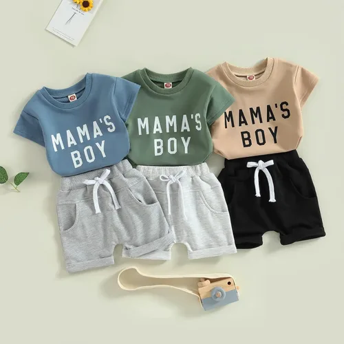 Miniatura 21 de Conjunto de traje de verano para bebé niño pequeño, manga corta, cuello redondo, letras impresas, lindo traje de verano, conjunto de 2 piezas