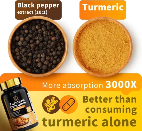 Miniatura 5 de Suplemento de curcumina de cúrcuma – Suplemento de cúrcuma 11 en 1 con pimienta negra, absorción extra fuerte, 95% curcuminoides para apoyo