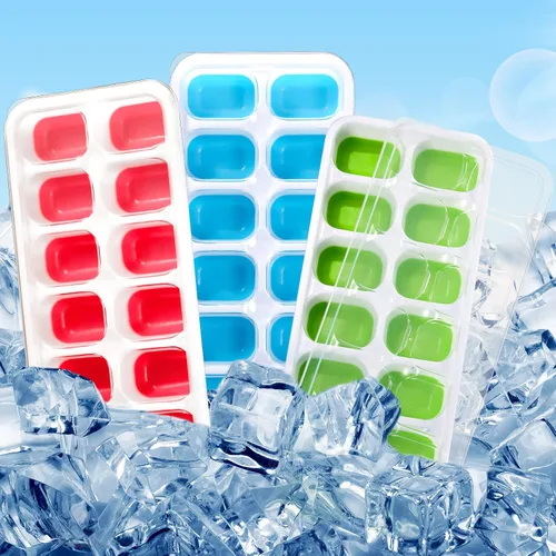 Miniatura 4 de Honeydak Paquete de 10 bandejas para cubitos de hielo con tapa extraíble resistente a derrames, bandeja flexible de 14 cubitos de hielo