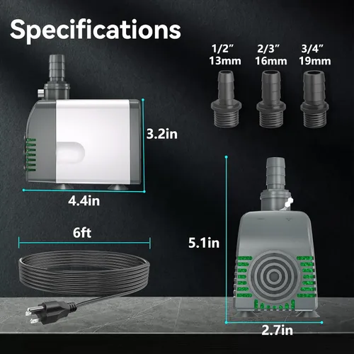 Miniatura 2 de Knifel Bomba de agua sumergible de 800 GPH - Bombas de fuente con apagado automático, flujo ajustable y ultra silencioso para fuentes, estanques