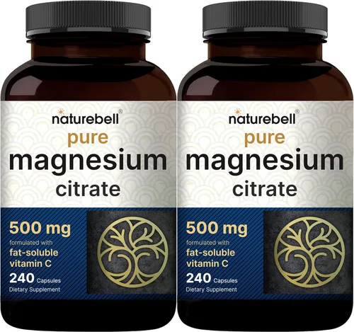 Paquete de 2 citratos de magnesio de 500 mg, 480 cápsulas, forma elemental de alta pureza, extrafuerte, mineral esencial para el corazón, los