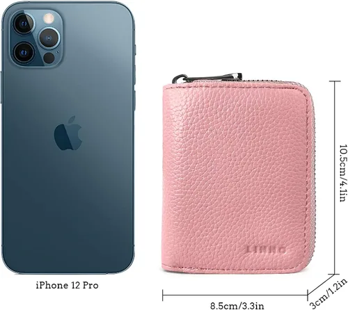 Miniatura 6 de Linno RFID 20 ranuras titular de la tarjeta de crédito de cuero genuino pequeña cartera para mujeres u hombres con cremallera