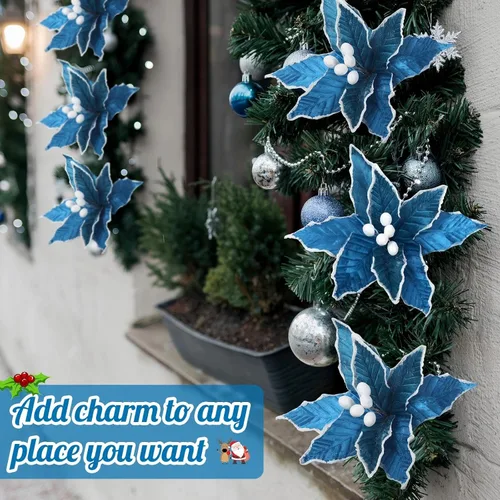 Miniatura 6 de Zeyune 6 Piezas Flores de Pascua Azules de Navidad Artificiales Grandes Espinas de Pascua Falsas Flores de Franela con Borde Helado para Adornos