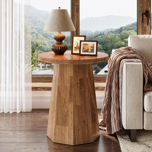 Miniatura 13 de Tribesigns Mesa Auxiliar Redonda de Estilo Rústico, Mesa Lateral de Madera para Sofá con Base Octagonal, Mesita de Noche Negra con Pedestal, Mueble