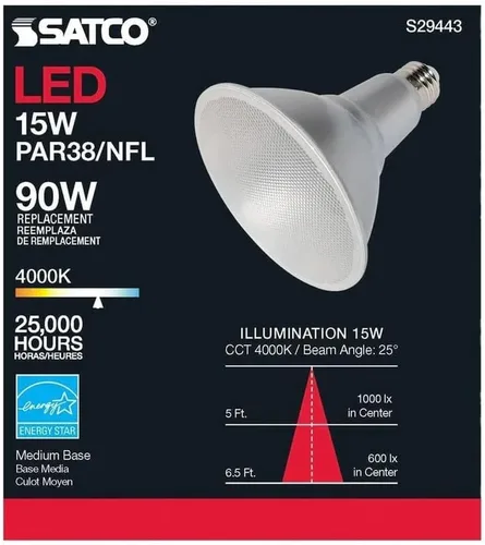 Miniatura 8 de Satco S29443 PAR38 - Bombillas reflectoras LED de 15 W, 4000 K, blanco frío, 1200 lúmenes, base media, regulable, ubicación húmeda, cumple