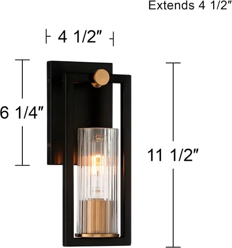 Miniatura 4 de Stiffel Ramos - Juego de 2 apliques de pared industriales modernos de latón cálido negro con cable de 4 1/2 pulgadas, pantalla de vidrio acanalado