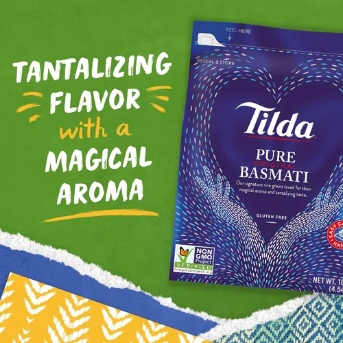 Miniatura 5 de Tilda Arroz basmati puro, arroz aromático y auténtico de primera calidad, bolsa grande resellable, bolsa de 10 libras, color blanco