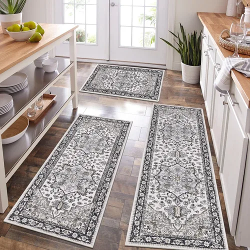 Miniatura 25 de HEBE - Juego de alfombras de cocina bohemias de 3 piezas con corredor, alfombras de cocina antideslizantes y tapetes lavables para piso de cocina