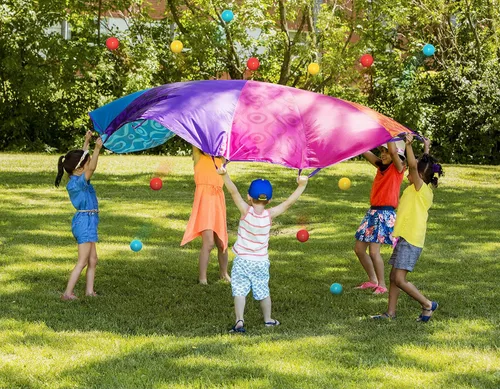 Miniatura 8 de B. toys Woo - Paracaídas Hue! - Deportes al aire libre - Juega paracaídas con 15 bolas coloridas - 12 asas - Tienda de viento de 8 pies - Juegos al