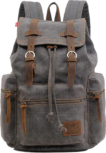 Miniatura 8 de HuaChen Mochila de viaje de lona vintage con ribete de cuero, funda acolchada para laptop, bolsillo de seguridad trasero oculto, se adapta a 14