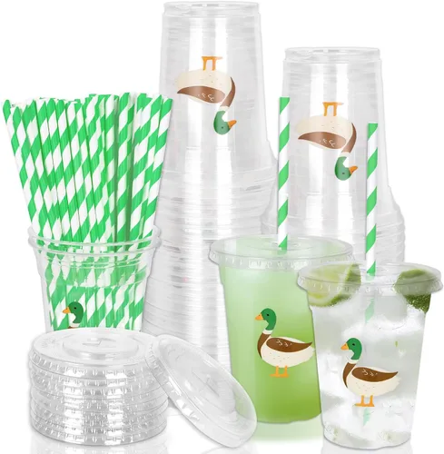Miniatura 50 de Whaline 50 vasos de plástico desechables patrióticos de 12 onzas con tapas y pajitas con la bandera estadounidense del 4 de julio, vasos