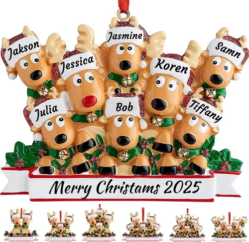 Miniatura 11 de Adorno personalizado de ciervo para árbol de Navidad, familia de 2,3,4,5,6,7,8 nombres, lindo reno de Papá Noel, decoración de Navidad 2025, regalo