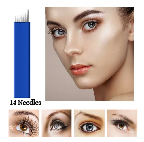 Miniatura 3 de Xiaoyu 50 agujas de microblading, agujas de tatuaje, plumas de microblading agujas de tatuaje de cejas, azul, 14 pines