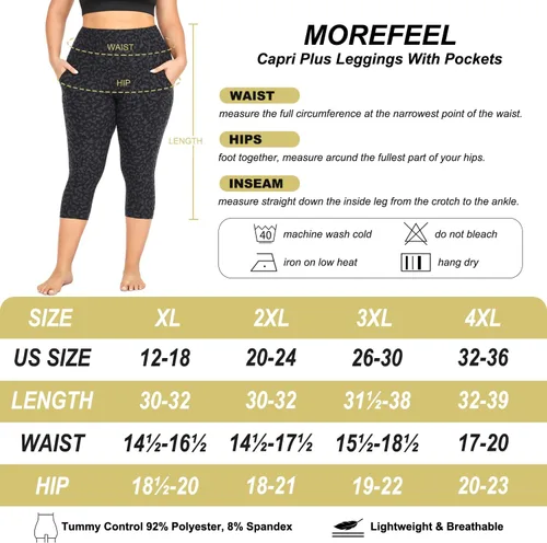 Miniatura 6 de MOREFEEL Leggings capri de talla grande para mujer con bolsillos, elásticos XL-4XL, control de abdomen, cintura alta, pantalones de yoga negros