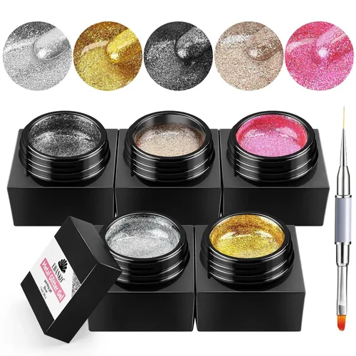 EBANKU Esmalte de gel con purpurina dorada con cepillo de uñas, 5 colores de metal plateado brillante, delineador de gel para arte de uñas, brillo