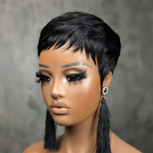 Miniatura 2 de YJOQOKOA Peluca corta de corte Pixie para mujeres negras, peluca de cabello humano lacio negro natural, peluca estilo Bob, pelucas cortas en capas