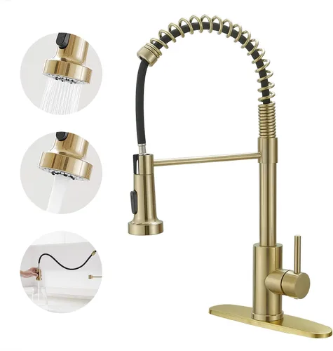 VOTON Grifos de Cocina con Rociador Extraíble, Grifo de Fregadero Comercial de Primavera, Acero Inoxidable, Dorado Cepillado, Grifo Abatible de Una