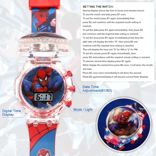 Miniatura 7 de Tawekel Spider-Man - Reloj de música luminoso, esfera giratoria, reloj digital de dibujos animados, regalo de San Valentín para niños y niñas