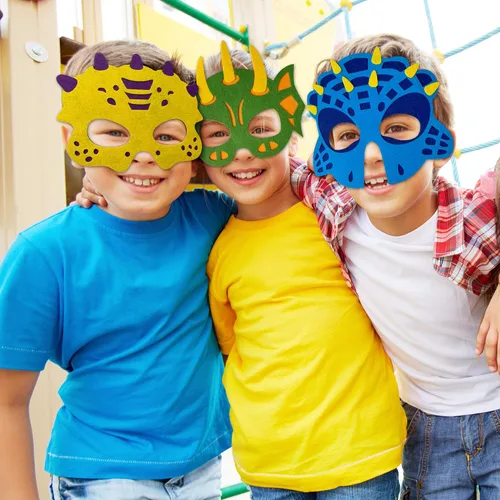 Miniatura 6 de TEEHOME Máscaras de dinosaurio para fiestas (24 paquetes) de fieltro y elástico para niños, decoraciones de fiesta de dinosaurios con 24 máscaras