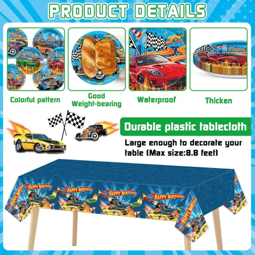 Miniatura 3 de 98 piezas de suministros de fiesta de autos de carreras, platos de papel para autos calientes, servilletas, manteles temáticos de carreras, cubierta