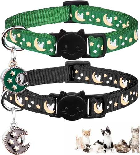 Miniatura 9 de Baeuppit 2 collares de gatos separables para niños y gatos, ajustables, con campana, color negro y azul claro Negro + azul claro