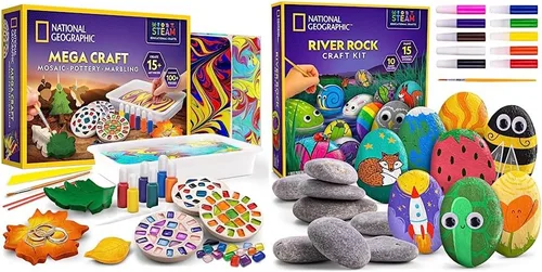 NATIONAL GEOGRAPHIC Kit de arte y manualidades - Mosaico, pintura de mármol, arcilla seca al aire y 15 rocas de río para pintar y decorar