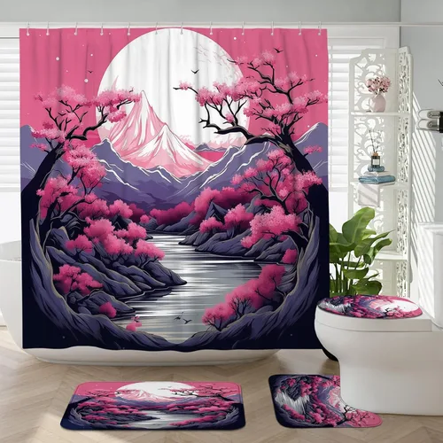 Miniatura 29 de Cortina de ducha japonesa Fuji Mountain de cerezo asiático, cortina de ducha con diseño de anime, decoración de baño, tela de poliéster, 62 x 72 Azul