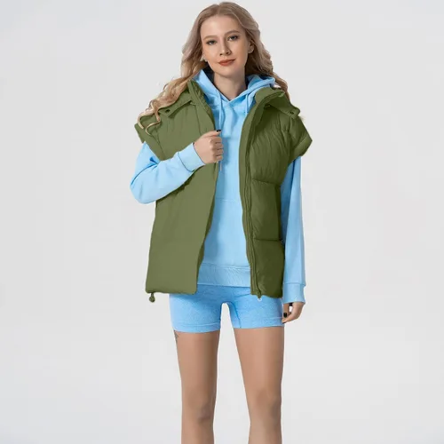 Miniatura 21 de Shiyifa Chaleco acolchado para mujer, chaqueta de gran tamaño, sin mangas, ligera, con cremallera, con capucha desmontable