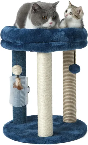 MECOOL Árbol Rascador para Gatos con Torre y Cama Suave. Alfombra de Sisal de Calidad Natural y Postes de Yute con Tres Juguetes de Bola Colgante y