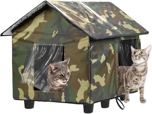 Miniatura 8 de Casa elevada aislada para gatos al aire libre resistente a la intemperie, 20 x 19 x 17 pulgadas, parte superior de PVC impermeable y forro