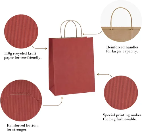 Miniatura 5 de BagDream Bolsas de regalo de 8 x 4.25 x 10.5 pulgadas, 100 bolsas de papel kraft con asas a granel, para compras, venta al por menor, mercancía, Rojo